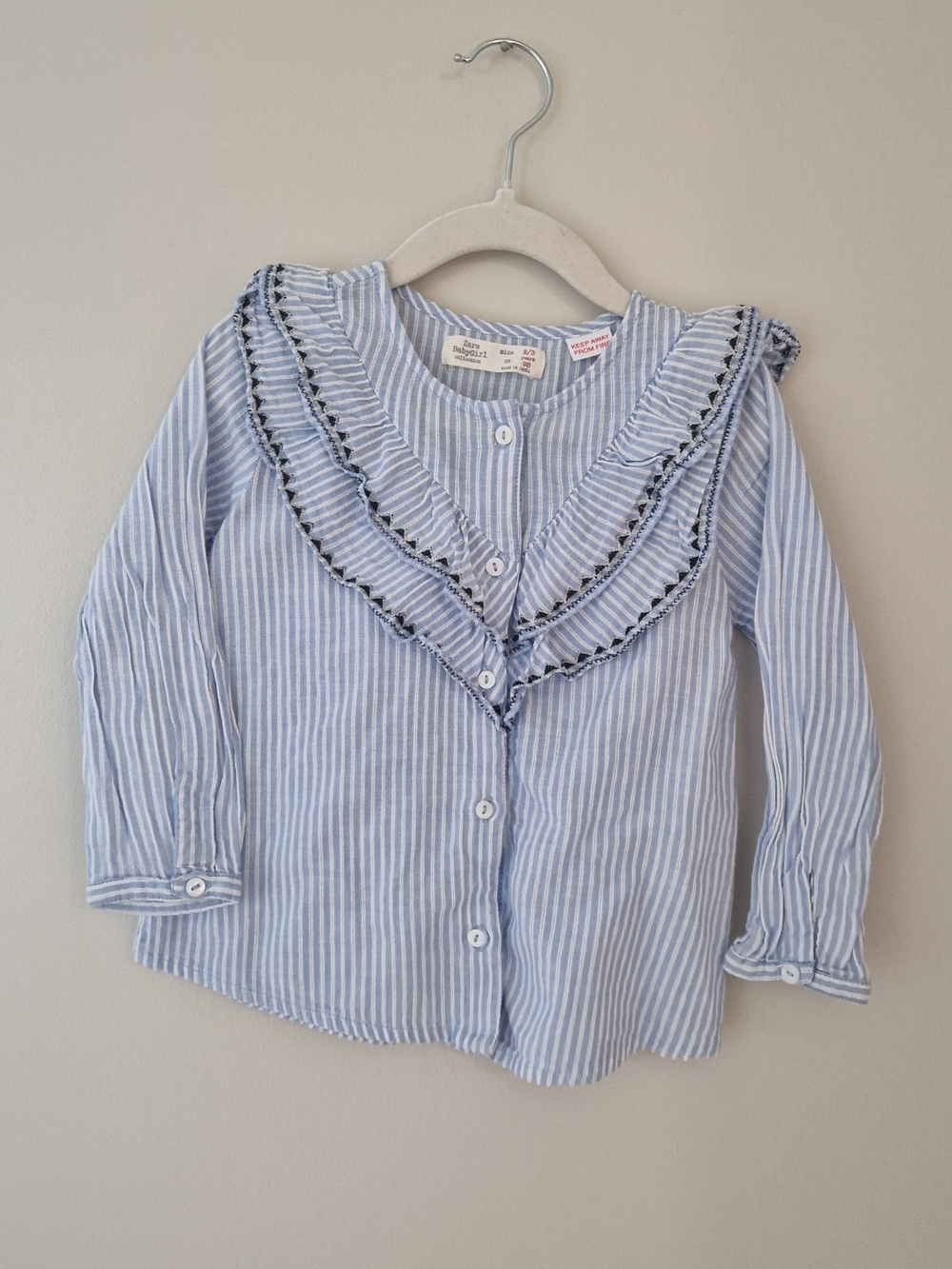 Zara Light Blue & White Striped Ruffle Collar Button-Front Top